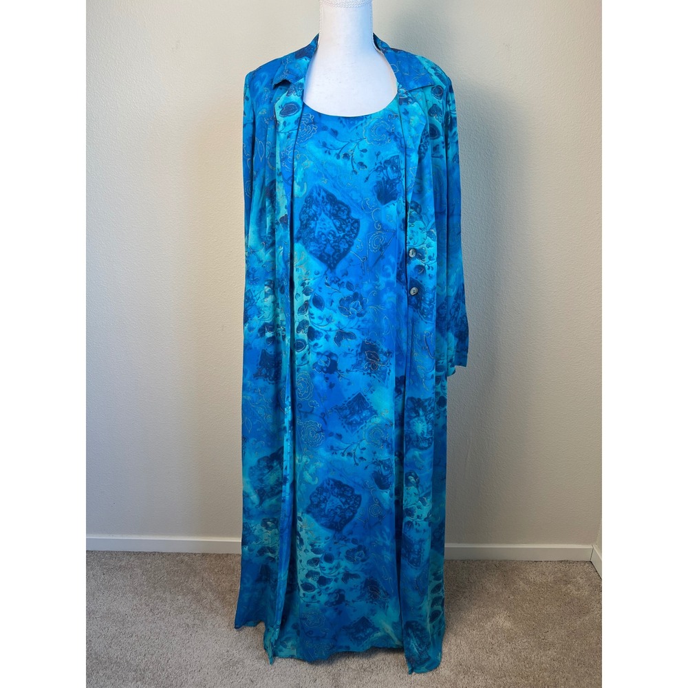 VTG Rabbit Rabbit Designs Blue Floral Rayon Maxi Dress Duster Set Size 12 Artsy